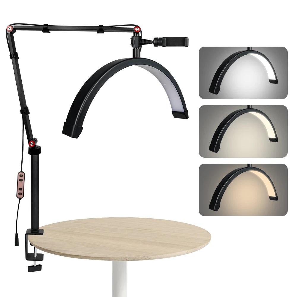 Half Moon Light 16in Lash Light  with Phone Holder LED Desk Lamp with Clamp Dimmable 3 Light Modes Lash Tech Light for Nail