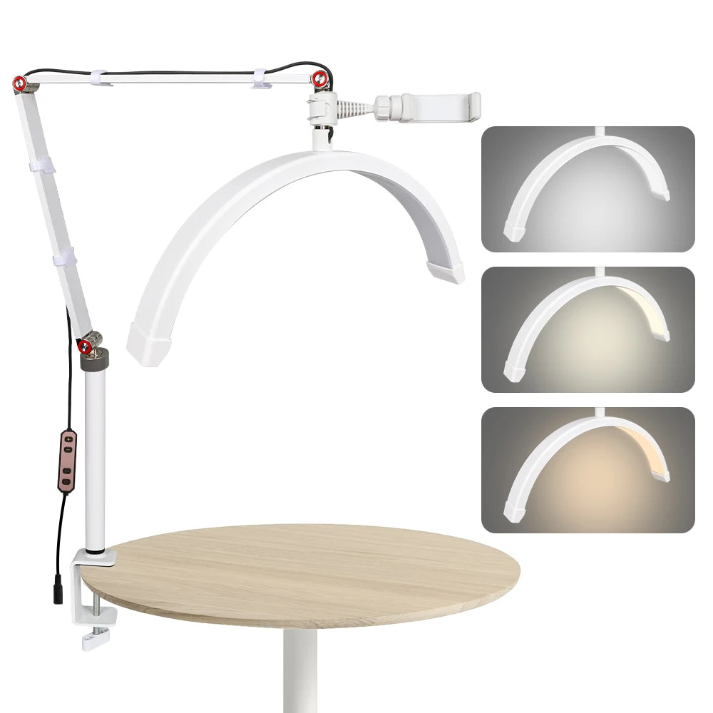 Half Moon Light 16in Lash Light  with Phone Holder LED Desk Lamp with Clamp Dimmable 3 Light Modes Lash Tech Light for Nail