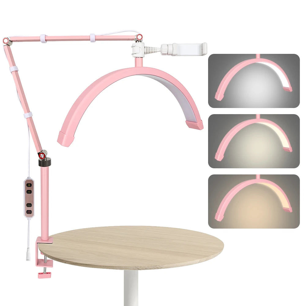 Half Moon Light 16in Lash Light  with Phone Holder LED Desk Lamp with Clamp Dimmable 3 Light Modes Lash Tech Light for Nail