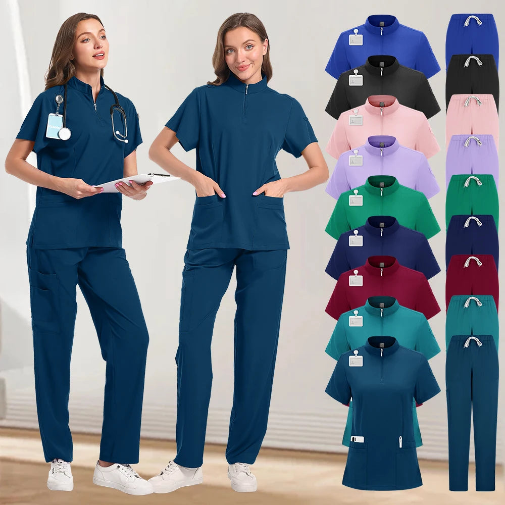 Spa Uniform Scrubs Women Breathable Soft Short Sleeved Top Joggers Pants Zipper Collar Beauty Salon Nail Technician Work Uniform