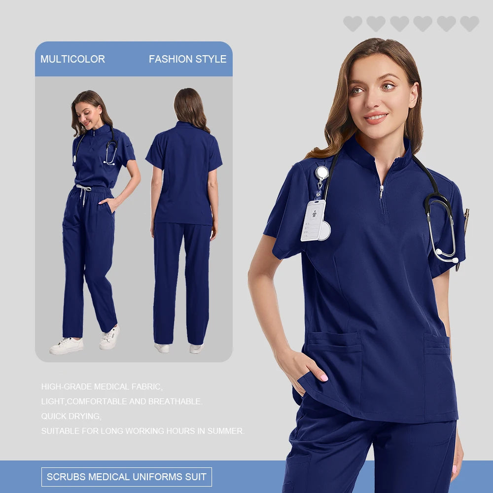 Spa Uniform Scrubs Women Breathable Soft Short Sleeved Top Joggers Pants Zipper Collar Beauty Salon Nail Technician Work Uniform