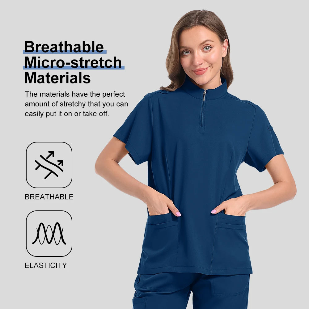 Spa Uniform Scrubs Women Breathable Soft Short Sleeved Top Joggers Pants Zipper Collar Beauty Salon Nail Technician Work Uniform