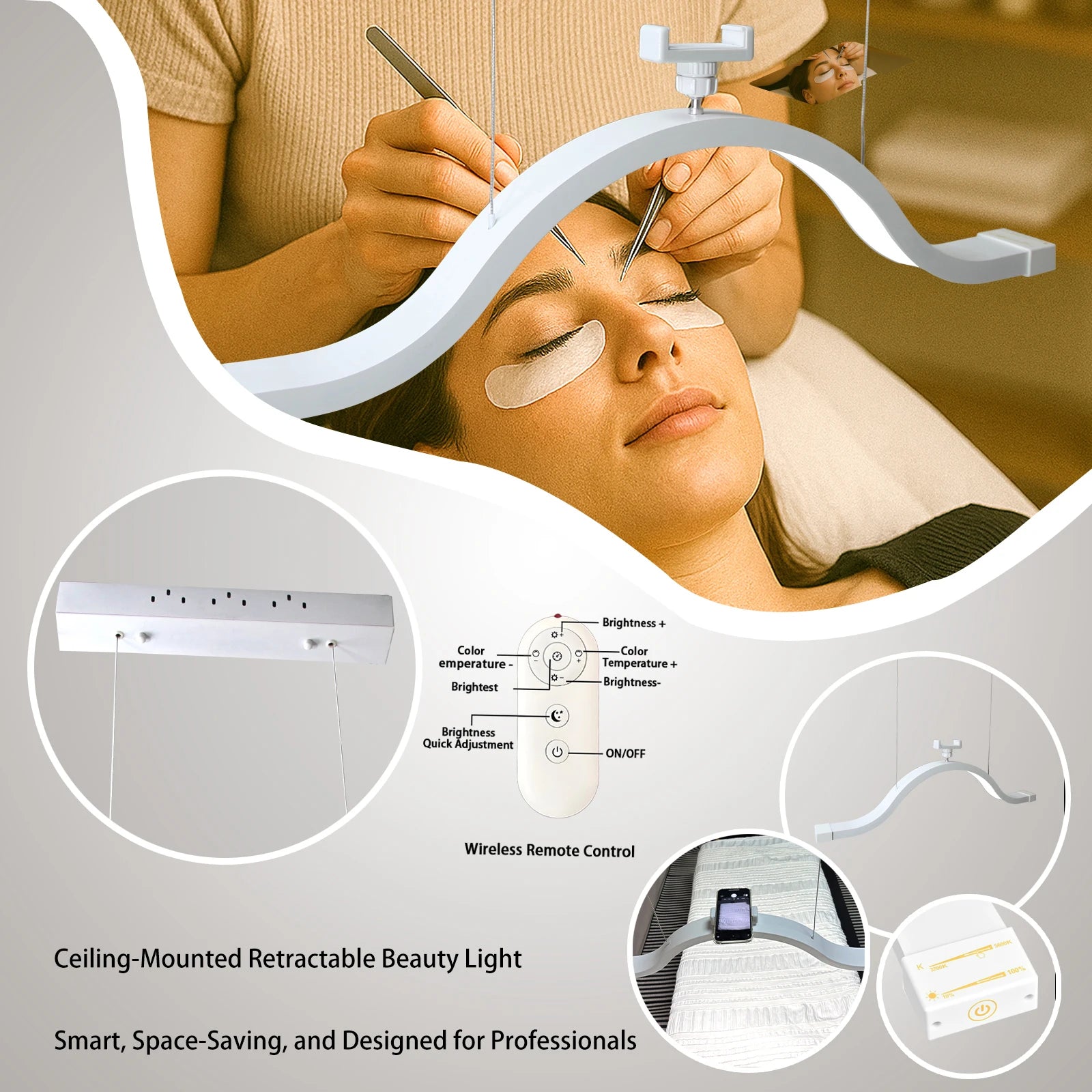 Half Moon Cloud Hanging Light Ceiling Mount LED Fill Lamp for Makeup Eyelash Nail Art Adjustable Height 3 Color Temperature