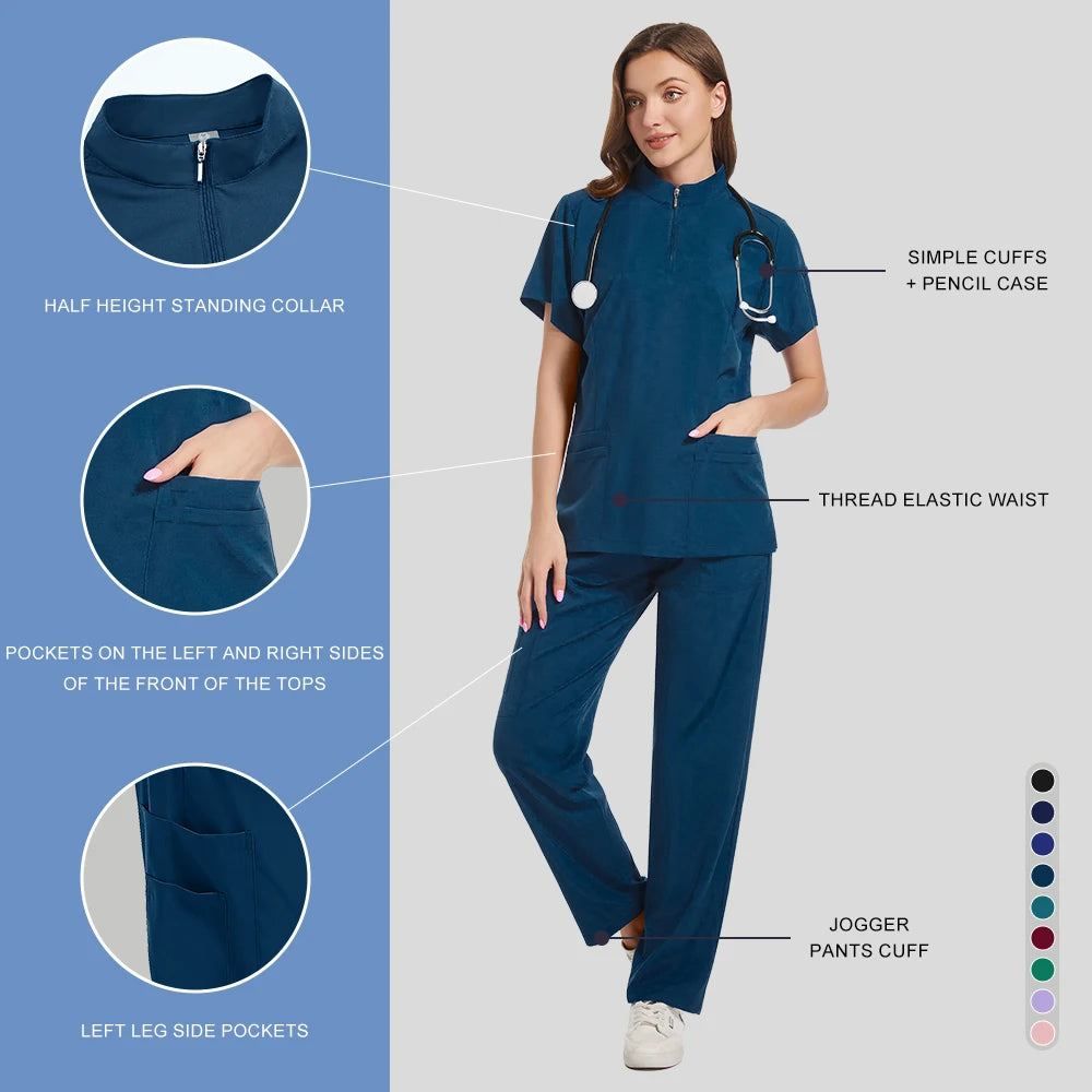 Spa Uniform Scrubs Women Breathable Soft Short Sleeved Top Joggers Pants Zipper Collar Beauty Salon Nail Technician Work Uniform